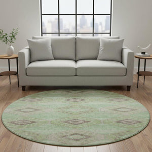 HomeRoots 8' Green And Beige Geometric Round Area Rug - Washable, UV Protected, Durable for High-Traffic Homes 706004