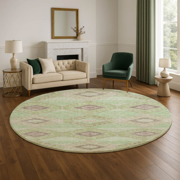 HomeRoots 8' Green And Beige Geometric Round Area Rug - Washable, UV Protected, Durable for High-Traffic Homes 706004