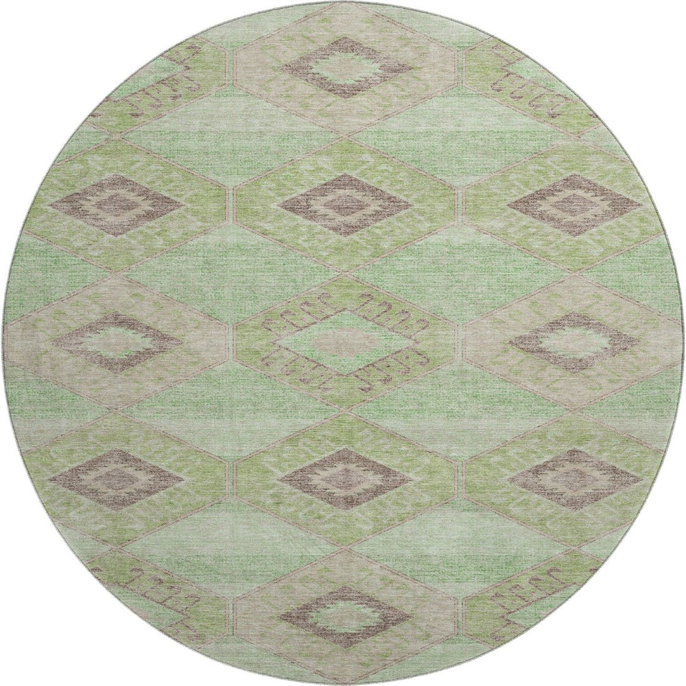 HomeRoots 8' Green And Beige Geometric Round Area Rug - Washable, UV Protected, Durable for High-Traffic Homes 706004