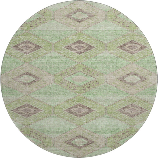 HomeRoots 8' Green And Beige Geometric Round Area Rug - Washable, UV Protected, Durable for High-Traffic Homes 706004