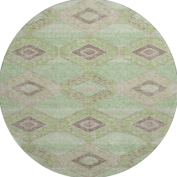 HomeRoots 8' Green And Beige Geometric Round Area Rug - Washable, UV Protected, Durable for High-Traffic Homes 706004