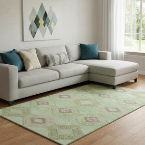 HomeRoots 8' X 10' Modern Green and Beige Geometric Area Rug – Washable, UV-Protected, Stain-Resistant Design 706005