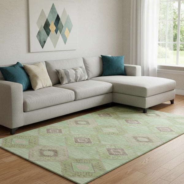 HomeRoots 8' X 10' Modern Green and Beige Geometric Area Rug – Washable, UV-Protected, Stain-Resistant Design 706005
