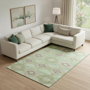 HomeRoots 9' X 12' Stylish Green & Beige Geometric Washable Area Rug with UV Protection for Modern Homes 706006
