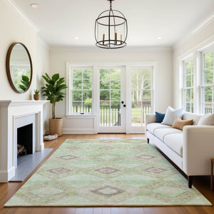 HomeRoots 9' X 12' Stylish Green & Beige Geometric Washable Area Rug with UV Protection for Modern Homes 706006