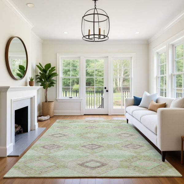 HomeRoots 9' X 12' Stylish Green & Beige Geometric Washable Area Rug with UV Protection for Modern Homes 706006