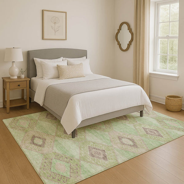 HomeRoots 10' X 14' Stylish Green and Beige Geometric Area Rug - Washable, UV Protected, Pet-Friendly Design 706007