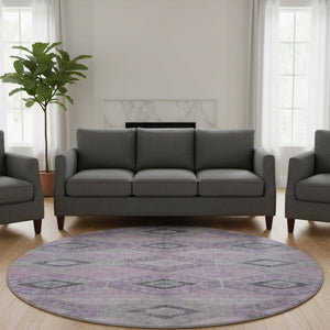 HomeRoots 8' Stylish Lavender & Gray Geometric Washable Round Rug with UV Protection for Family Spaces 706010