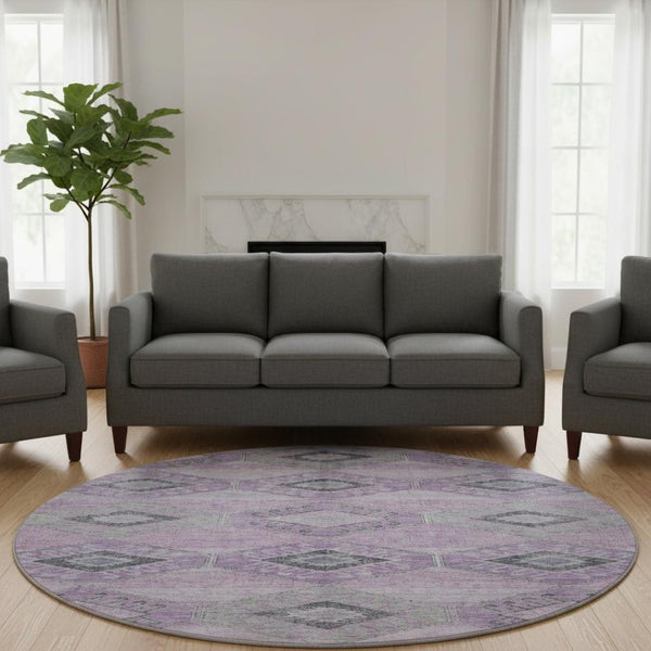 HomeRoots 8' Stylish Lavender & Gray Geometric Washable Round Rug with UV Protection for Family Spaces 706010