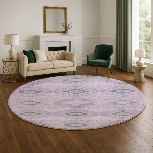 HomeRoots 8' Stylish Lavender & Gray Geometric Washable Round Rug with UV Protection for Family Spaces 706010