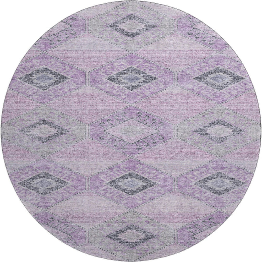 HomeRoots 8' Stylish Lavender & Gray Geometric Washable Round Rug with UV Protection for Family Spaces 706010