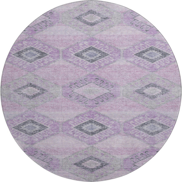 HomeRoots 8' Stylish Lavender & Gray Geometric Washable Round Rug with UV Protection for Family Spaces 706010