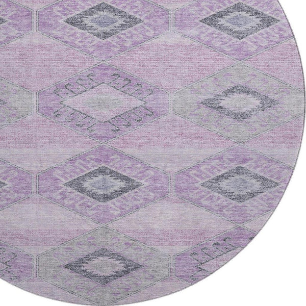HomeRoots 8' Stylish Lavender & Gray Geometric Washable Round Rug with UV Protection for Family Spaces 706010