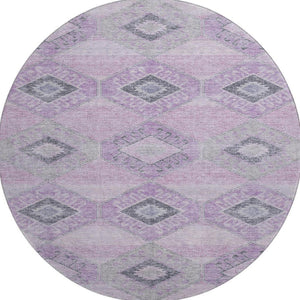 HomeRoots 8' Stylish Lavender & Gray Geometric Washable Round Rug with UV Protection for Family Spaces 706010