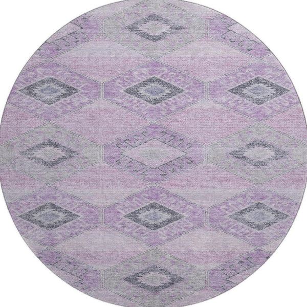 HomeRoots 8' Stylish Lavender & Gray Geometric Washable Round Rug with UV Protection for Family Spaces 706010