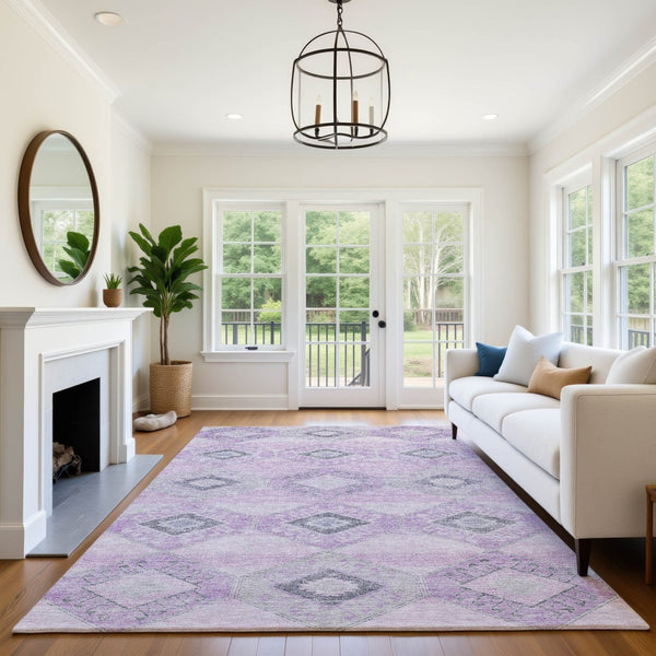 HomeRoots 10' X 14' Stylish Lavender & Gray Geometric Washable Area Rug with UV Protection & Stain Resistance 706013