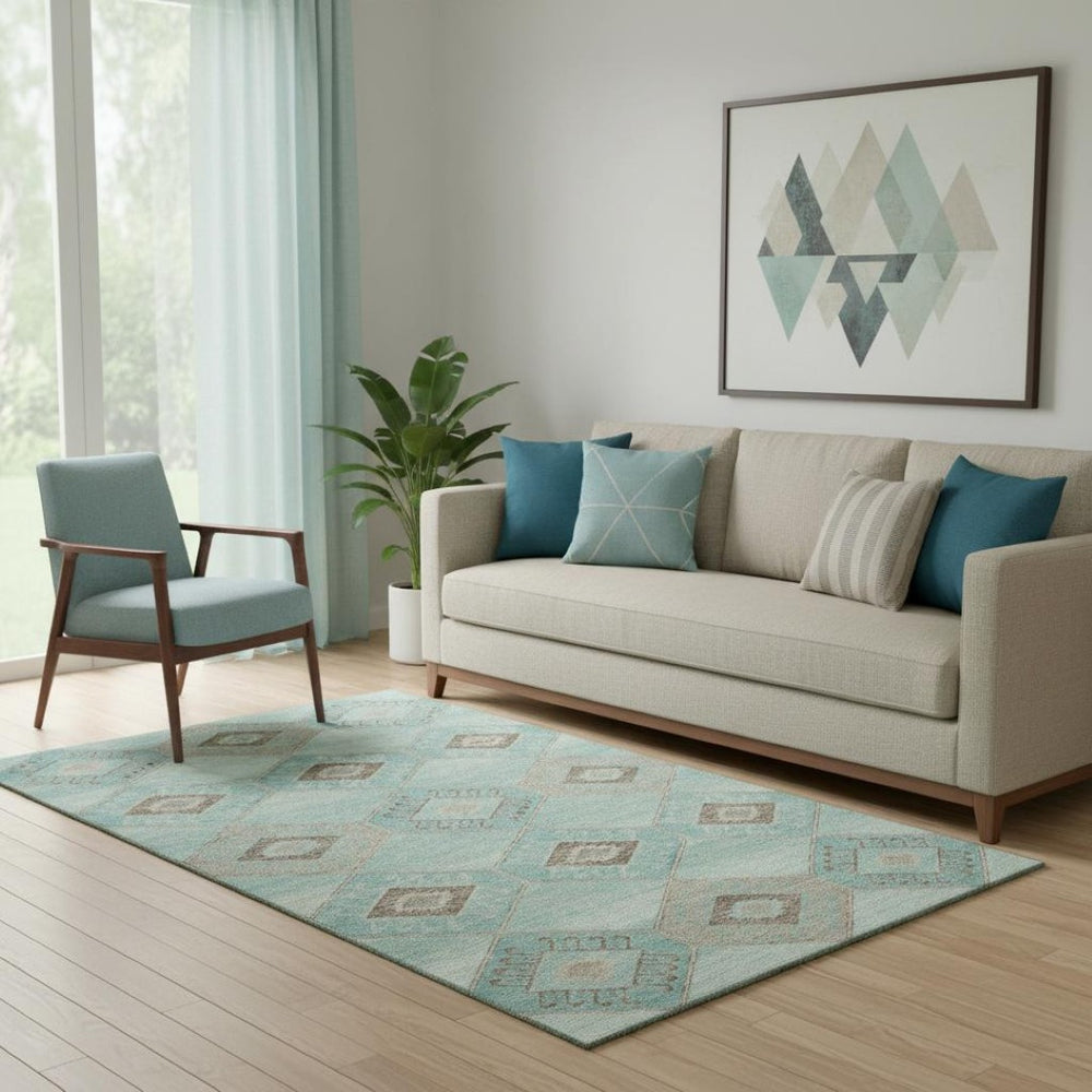 HomeRoots 5' X 8' Teal and Beige Geometric Area Rug - Washable, UV Protected, Stylish & Durable for Any Space 706015