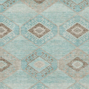 HomeRoots 5' X 8' Teal and Beige Geometric Area Rug - Washable, UV Protected, Stylish & Durable for Any Space 706015