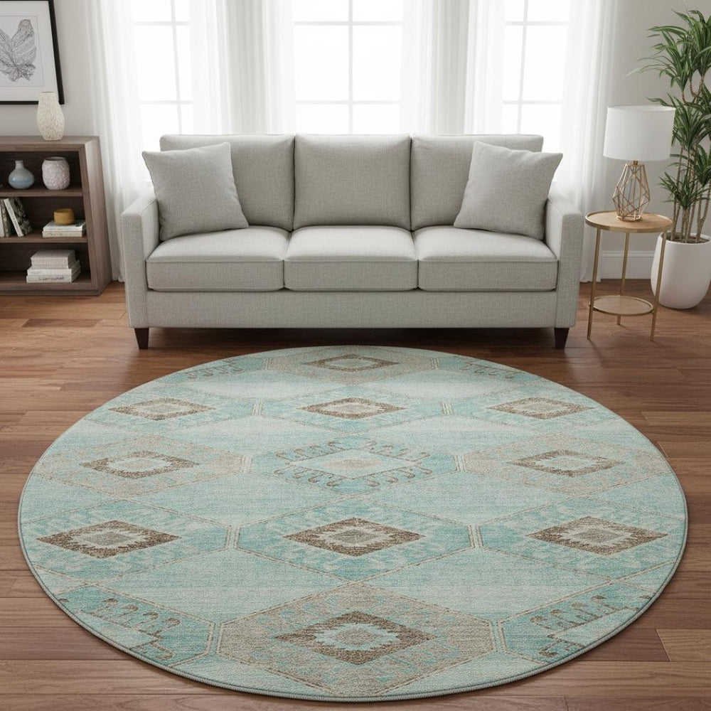 HomeRoots 8' Teal and Beige Geometric Round Rug - Stylish, Washable, UV-Protected for High-Traffic Areas 706016