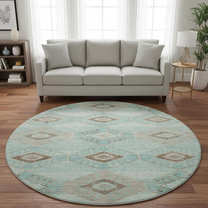HomeRoots 8' Teal and Beige Geometric Round Rug - Stylish, Washable, UV-Protected for High-Traffic Areas 706016