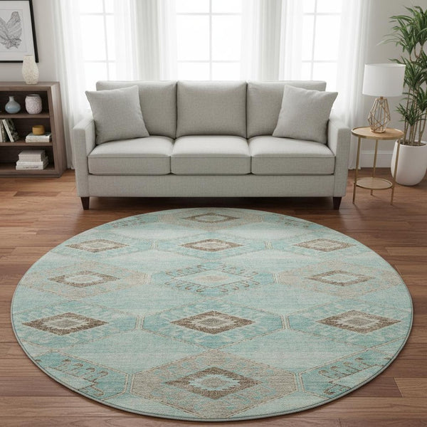 HomeRoots 8' Teal and Beige Geometric Round Rug - Stylish, Washable, UV-Protected for High-Traffic Areas 706016