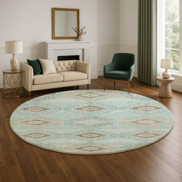 HomeRoots 8' Teal and Beige Geometric Round Rug - Stylish, Washable, UV-Protected for High-Traffic Areas 706016