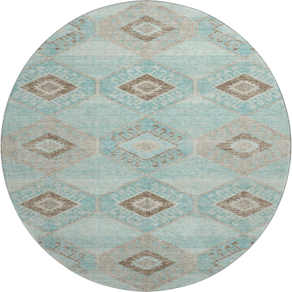 HomeRoots 8' Teal and Beige Geometric Round Rug - Stylish, Washable, UV-Protected for High-Traffic Areas 706016