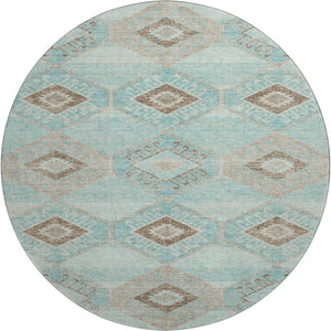 HomeRoots 8' Teal and Beige Geometric Round Rug - Stylish, Washable, UV-Protected for High-Traffic Areas 706016