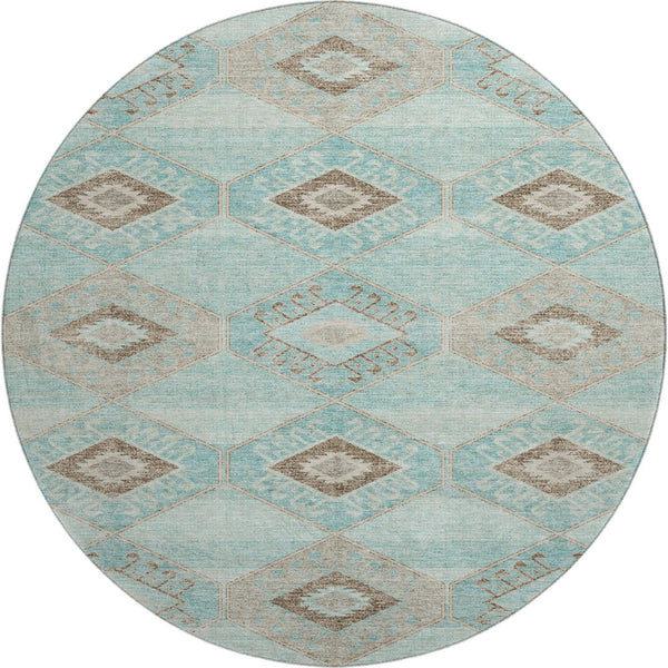 HomeRoots 8' Teal and Beige Geometric Round Rug - Stylish, Washable, UV-Protected for High-Traffic Areas 706016