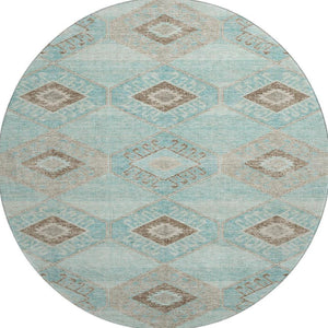 HomeRoots 8' Teal and Beige Geometric Round Rug - Stylish, Washable, UV-Protected for High-Traffic Areas 706016