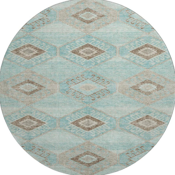HomeRoots 8' Teal and Beige Geometric Round Rug - Stylish, Washable, UV-Protected for High-Traffic Areas 706016