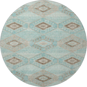 HomeRoots 8' Teal and Beige Geometric Round Rug - Stylish, Washable, UV-Protected for High-Traffic Areas 706016