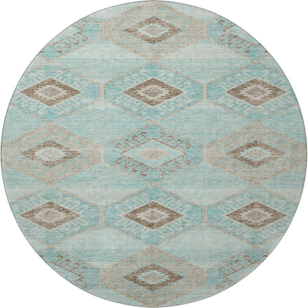 HomeRoots 8' Teal and Beige Geometric Round Rug - Stylish, Washable, UV-Protected for High-Traffic Areas 706016