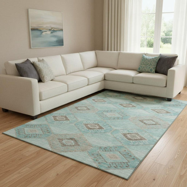 HomeRoots 8' X 10' Teal And Beige Geometric Area Rug – Washable, UV Protected, Perfect for High-Traffic Spaces! 706017