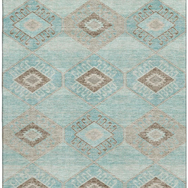HomeRoots 8' X 10' Teal And Beige Geometric Area Rug – Washable, UV Protected, Perfect for High-Traffic Spaces! 706017