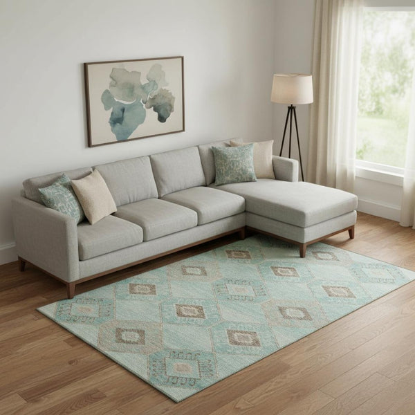 HomeRoots 9' X 12' Teal and Beige Geometric Washable Area Rug - Durable, Stain-Resistant, UV Protected Design 706018