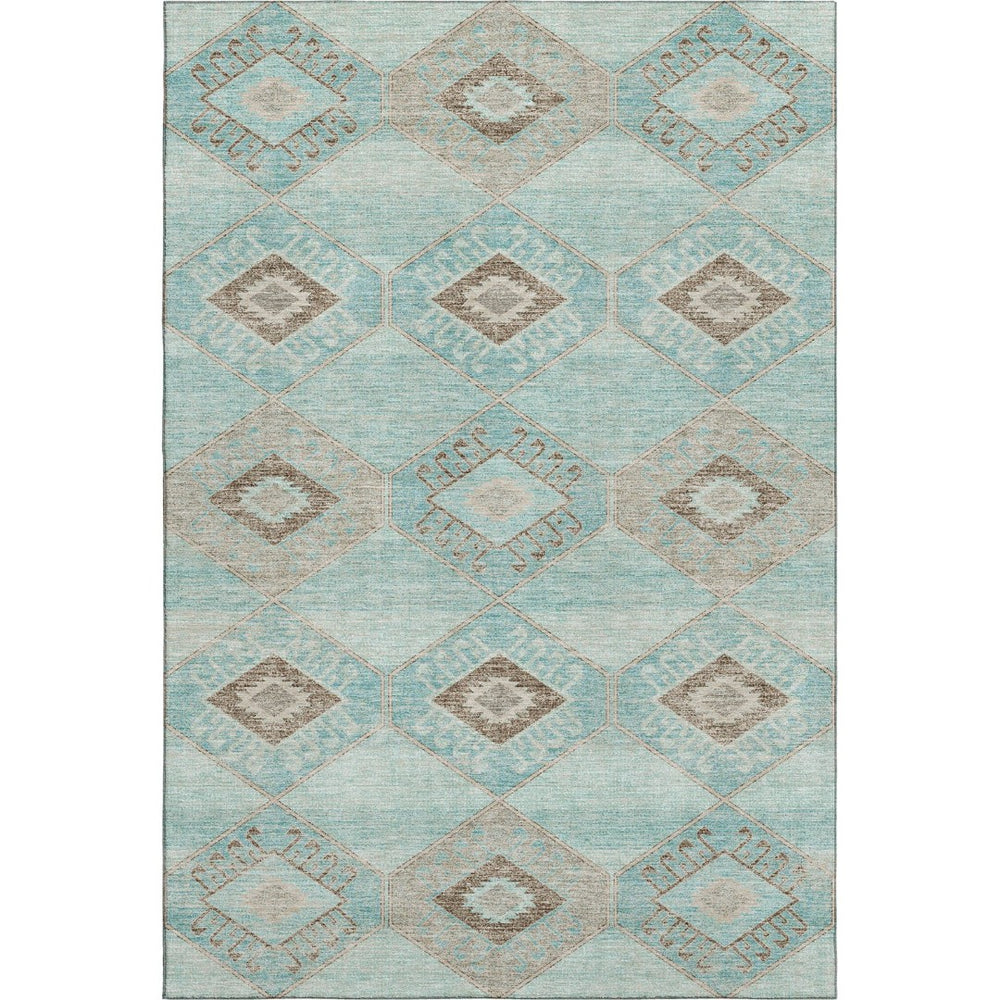 HomeRoots 9' X 12' Teal and Beige Geometric Washable Area Rug - Durable, Stain-Resistant, UV Protected Design 706018