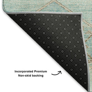 HomeRoots 9' X 12' Teal and Beige Geometric Washable Area Rug - Durable, Stain-Resistant, UV Protected Design 706018