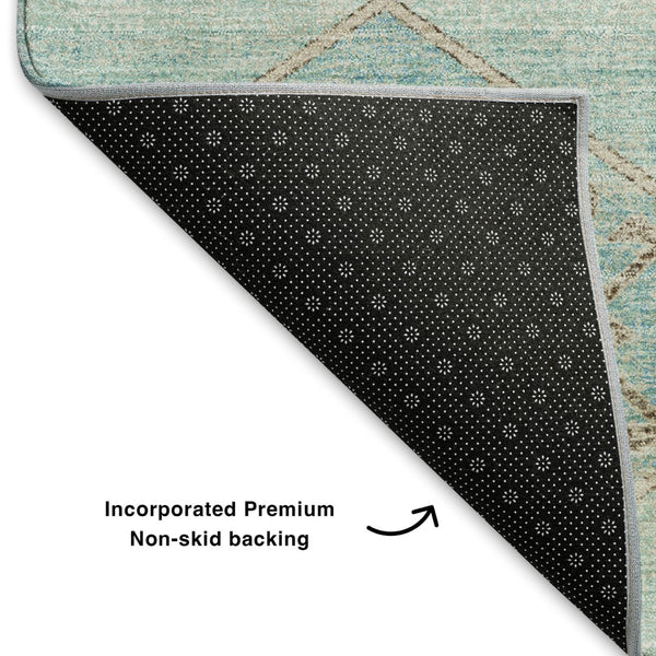 HomeRoots 9' X 12' Teal and Beige Geometric Washable Area Rug - Durable, Stain-Resistant, UV Protected Design 706018