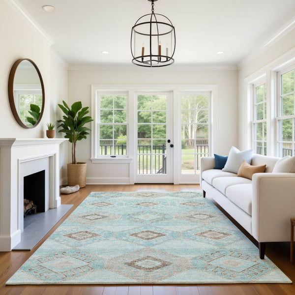 HomeRoots 9' X 12' Teal and Beige Geometric Washable Area Rug - Durable, Stain-Resistant, UV Protected Design 706018