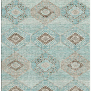 HomeRoots 9' X 12' Teal and Beige Geometric Washable Area Rug - Durable, Stain-Resistant, UV Protected Design 706018
