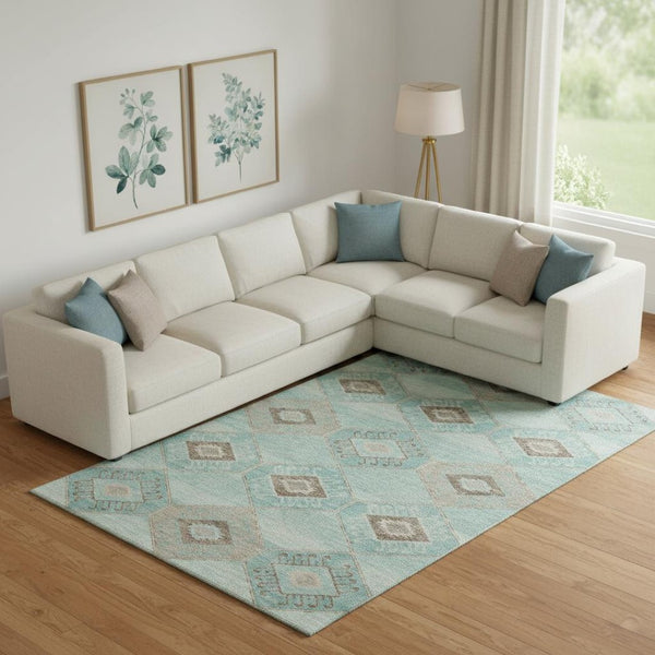 HomeRoots 10' X 14' Teal & Beige Geometric Area Rug - Washable, UV-Protected, Stylish & Durable for Homes 706019