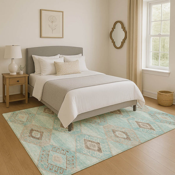 HomeRoots 10' X 14' Teal & Beige Geometric Area Rug - Washable, UV-Protected, Stylish & Durable for Homes 706019