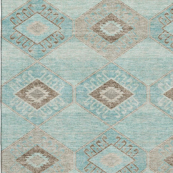 HomeRoots 10' X 14' Teal & Beige Geometric Area Rug - Washable, UV-Protected, Stylish & Durable for Homes 706019