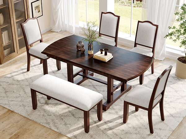 English Elm 60"-78" Extendable Dining Table with Removable Leaf, Solid Wood Farmhouse Kitchen Table for 4-8 Guests, Durable Finish and Easy Care Guidance Cherry N752P271802C