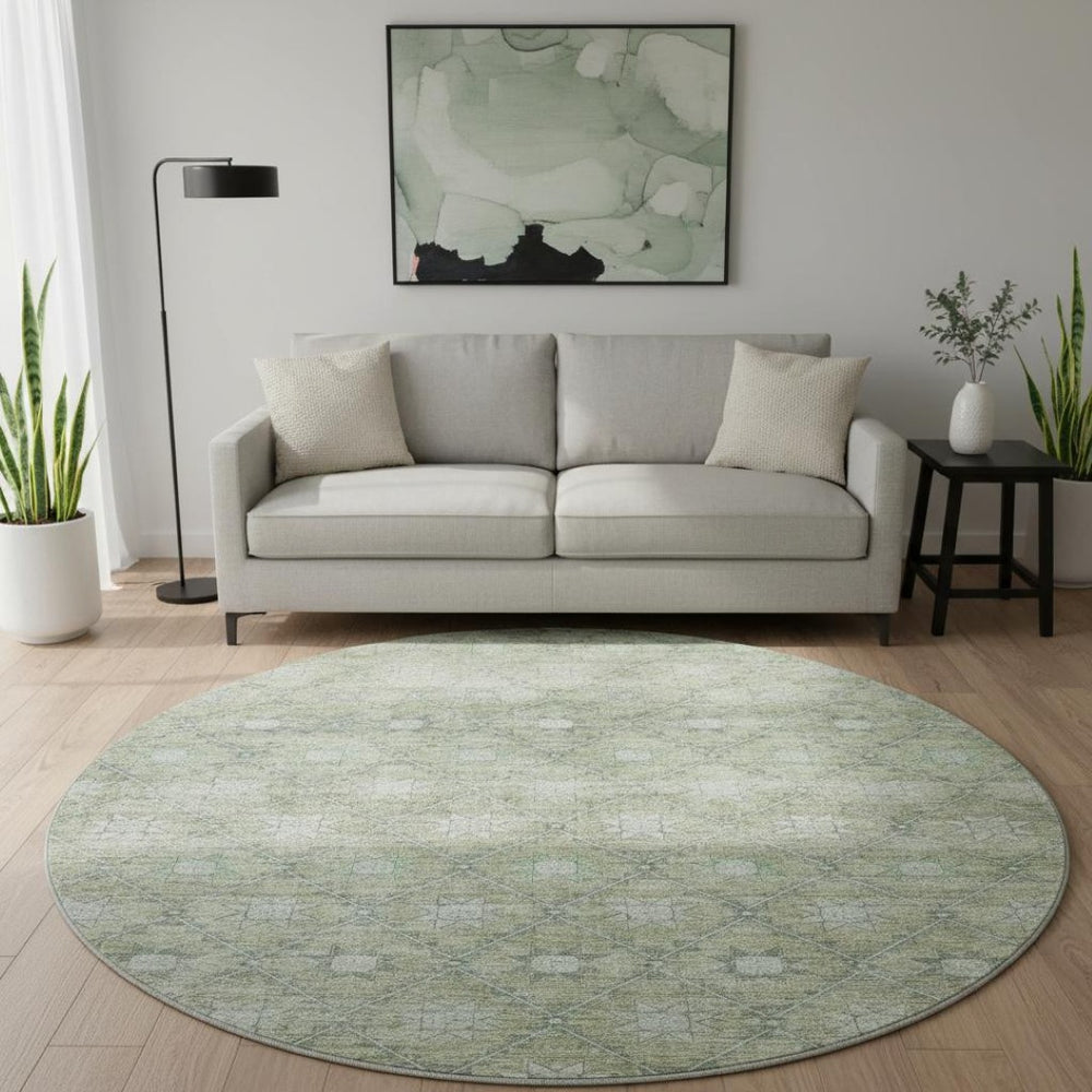 HomeRoots 8' Artichoke Green & Beige Geometric Rug - Washable, UV Protected, Durable Floor Covering for Homes 706022