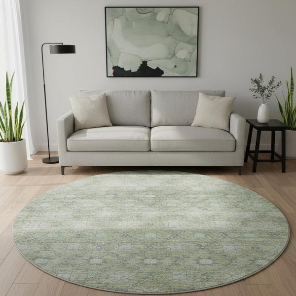 HomeRoots 8' Artichoke Green & Beige Geometric Rug - Washable, UV Protected, Durable Floor Covering for Homes 706022