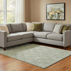 HomeRoots 8' X 10' Artichoke Green Beige Geometric Area Rug - Washable, UV Protection, Soft & Durable Design 706023