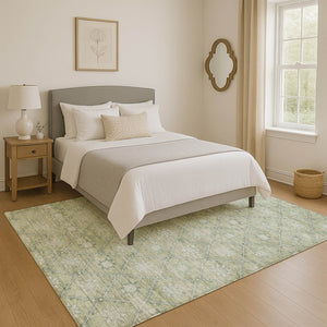 HomeRoots 8' X 10' Artichoke Green Beige Geometric Area Rug - Washable, UV Protection, Soft & Durable Design 706023