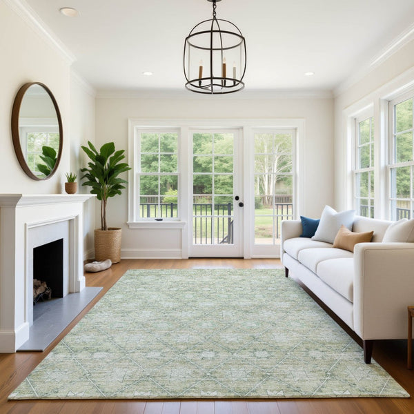 HomeRoots 8' X 10' Artichoke Green Beige Geometric Area Rug - Washable, UV Protection, Soft & Durable Design 706023